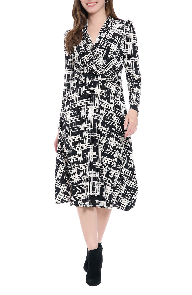 London Times Print Long Sleeve Side Twist Jersey Fit & Flare Dress, Main, color, Black/ Cream