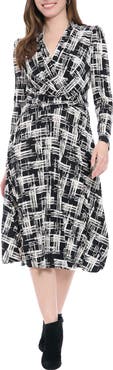 London Times Print Long Sleeve Side Twist Jersey Fit & Flare Dress