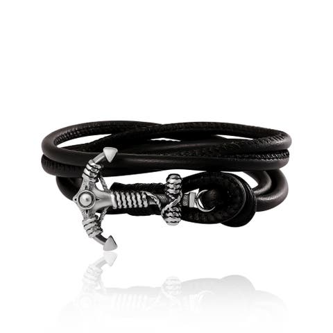 Black Leather Anchor Wrap Bracelet with Adjustable Fit