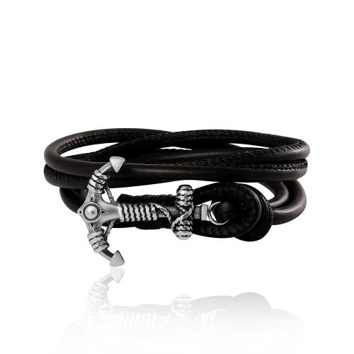 Lucky Brand Black Leather Anchor Wrap Bracelet With Adjustable Fit In Black