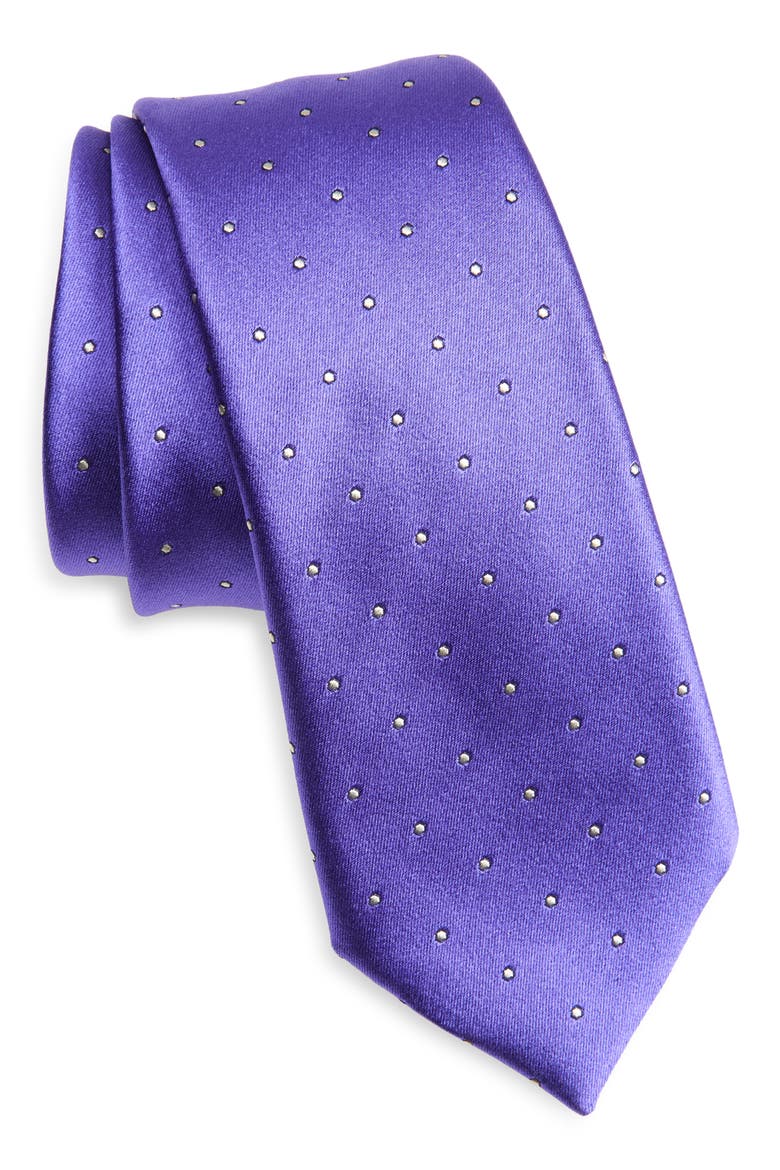 Polka Dot Mulberry Silk Satin Tie, Main, color, ULTRA VIOLET