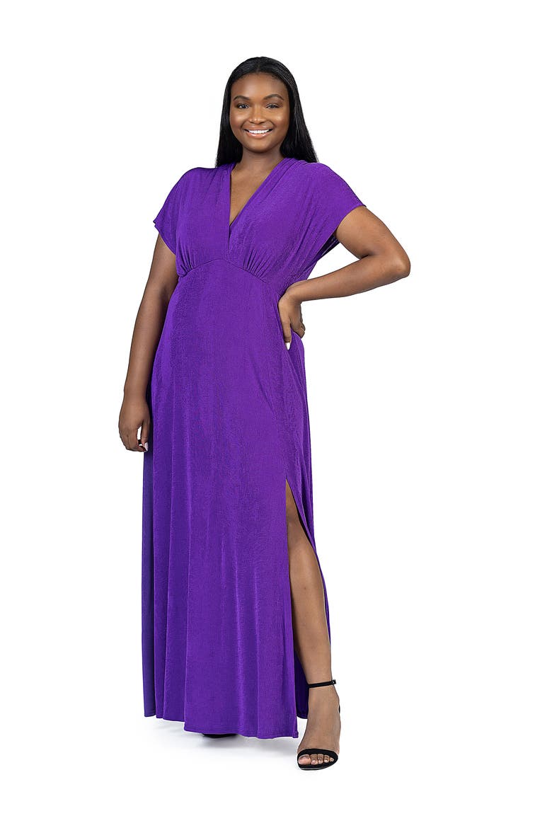 Plus Size  Flutter Sleeve Metallic Knit Maxi Dress Front Slit Empire Waist, Alternate, color, Purple