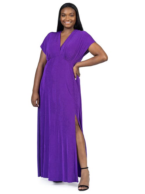 24seven Comfort Apparel Plus Size Front Slit Empire Waist Maxi Dress In Purple