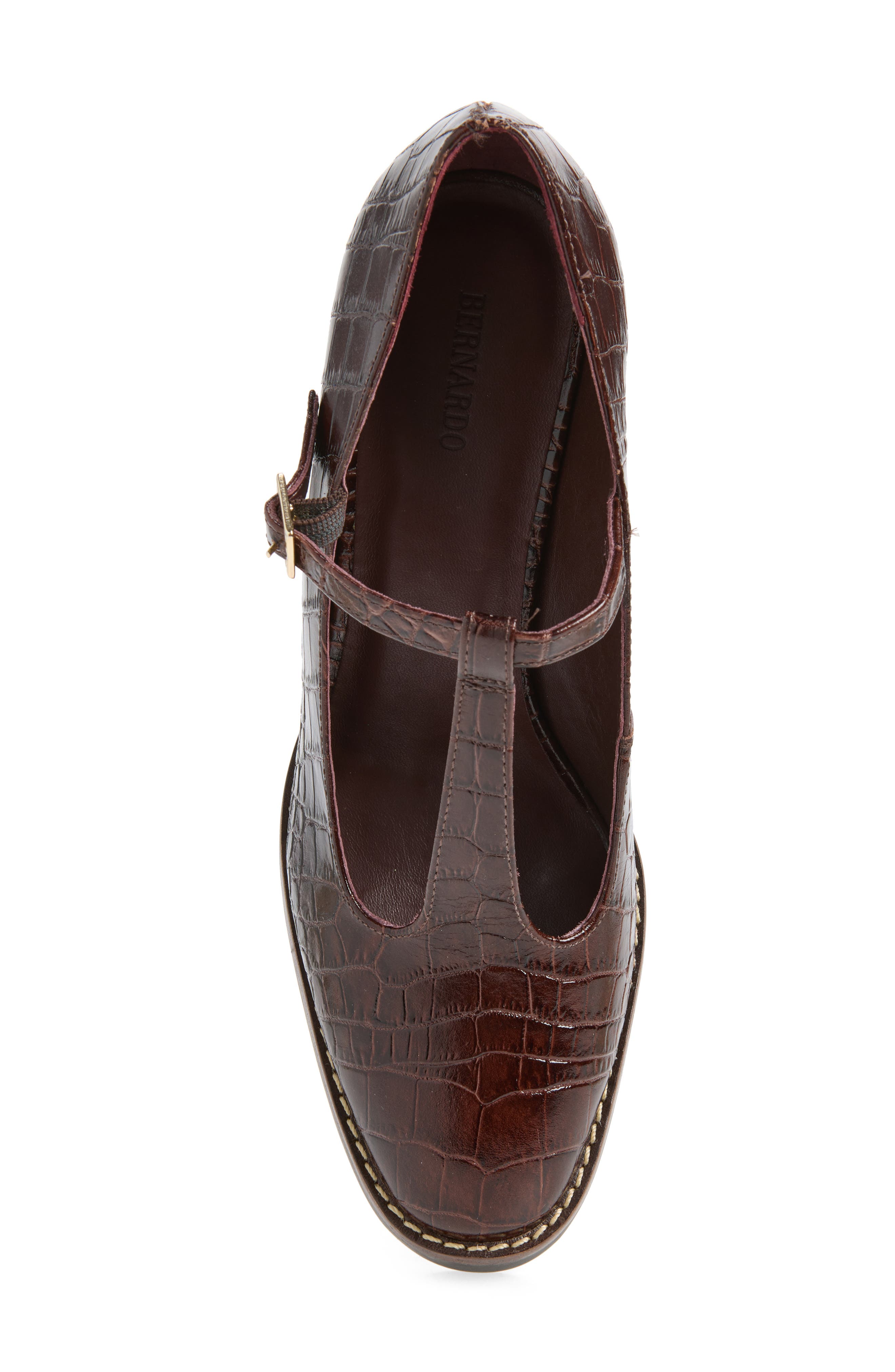 Noto T-Strap Pump, Alternate, color, CHOCOLATE WINE CROCO