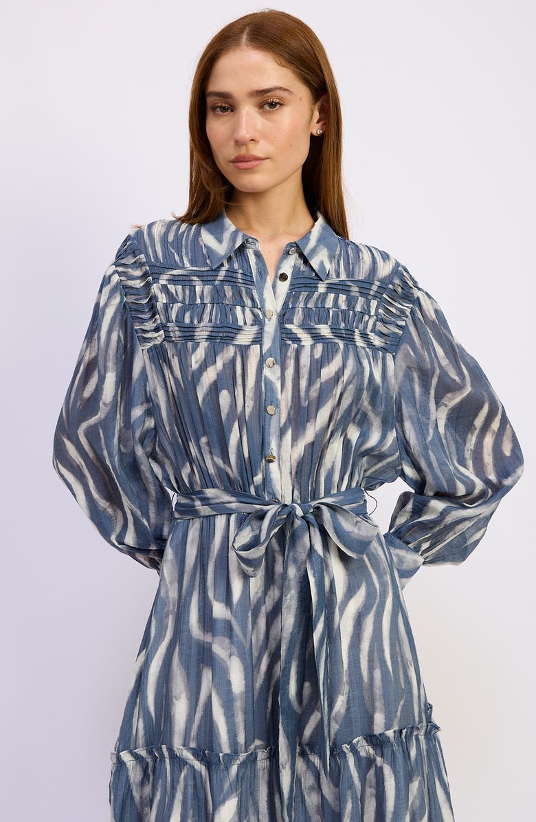 En Saison Cypress Long Sleeve Tie Belt Tiered Maxi Shirtdress, Alternate, color, Slate Ivory