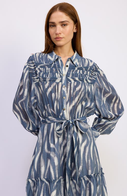 En Saison Cypress Long Sleeve Tie Belt Tiered Maxi Shirtdress In Blue