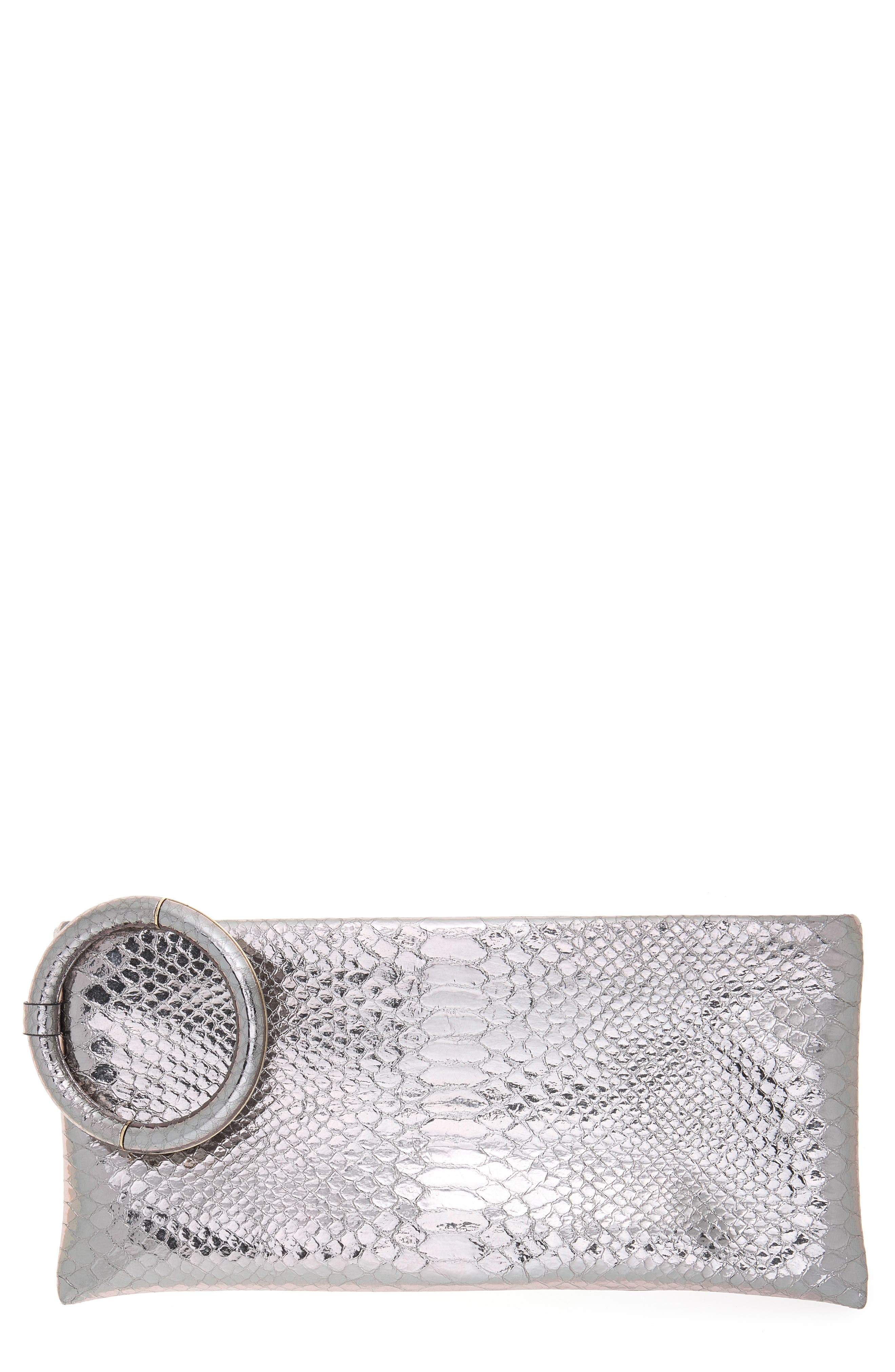 Python Embossed Leather Clutch, Main, color, SILVER