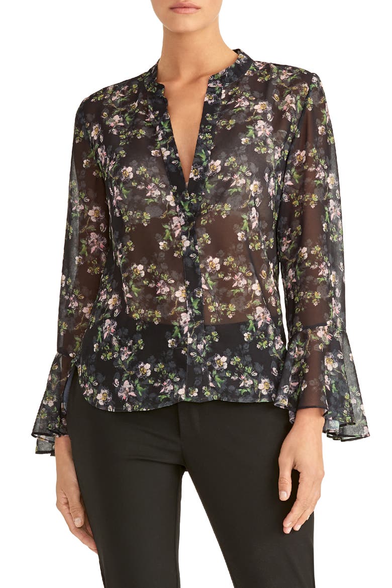 Floral Print Ruffle Sleeve Blouse, Main, color, BLACK COMBO