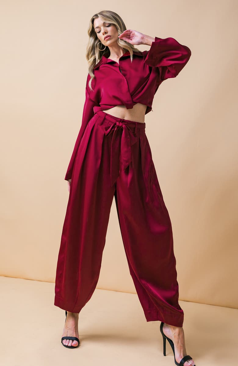 FLYING TOMATO Belted Satin Balloon Pants, Alternate, color, Ruby