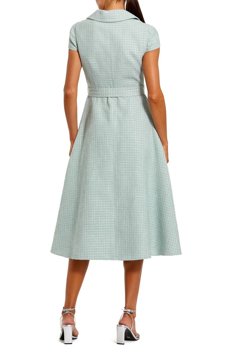 Mac Duggal Women's Belted Boucle Cap Sleeve Button Up Midi Dress, Alternate, color, Seafoam