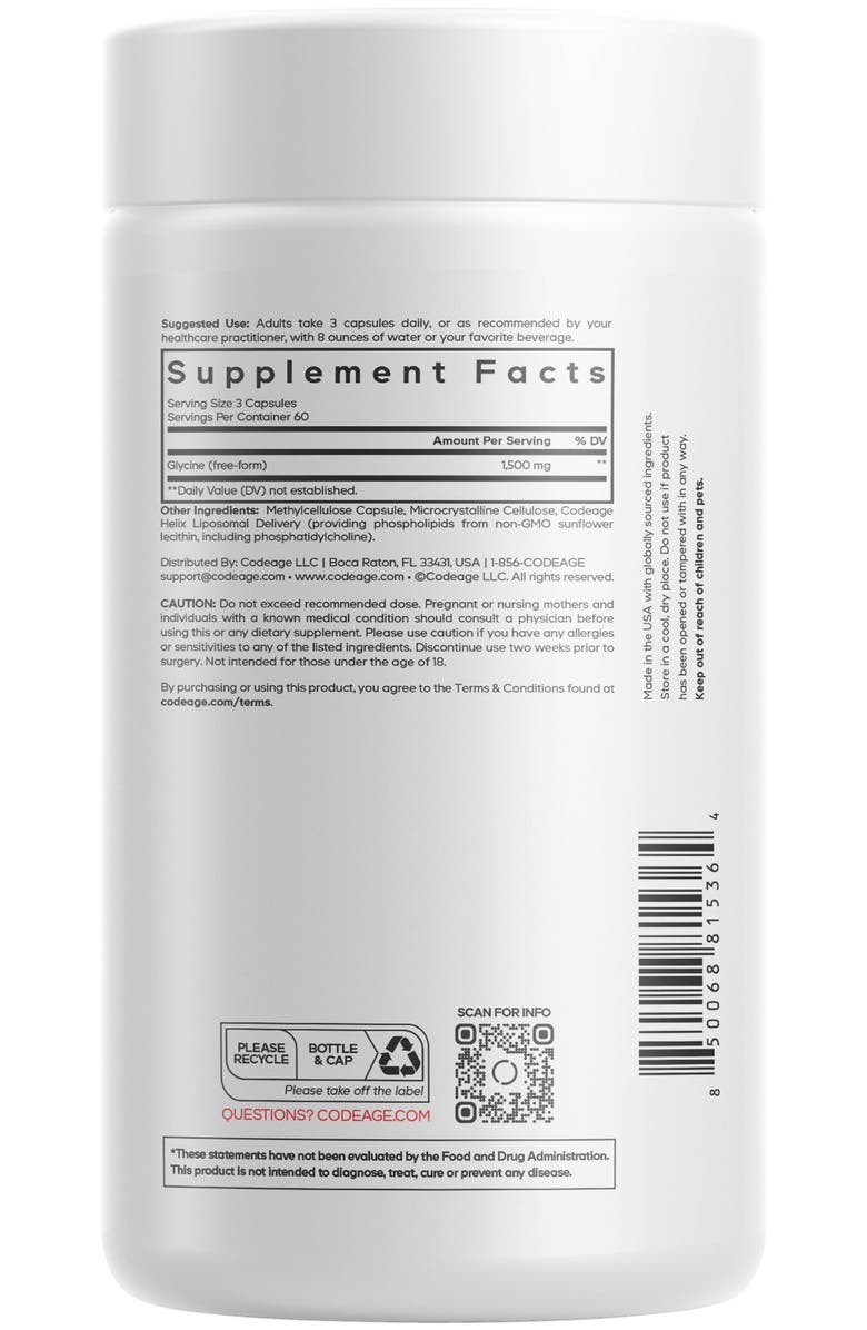 Codeage Liposomal Glycine+ Supplement, Free-Form Amino Acid L-Glycine 1500mg, 2-Month Supply, Alternate, color, White