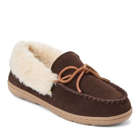 Suede Moc With Leather Lacing & Faux Fur Trim Slippers