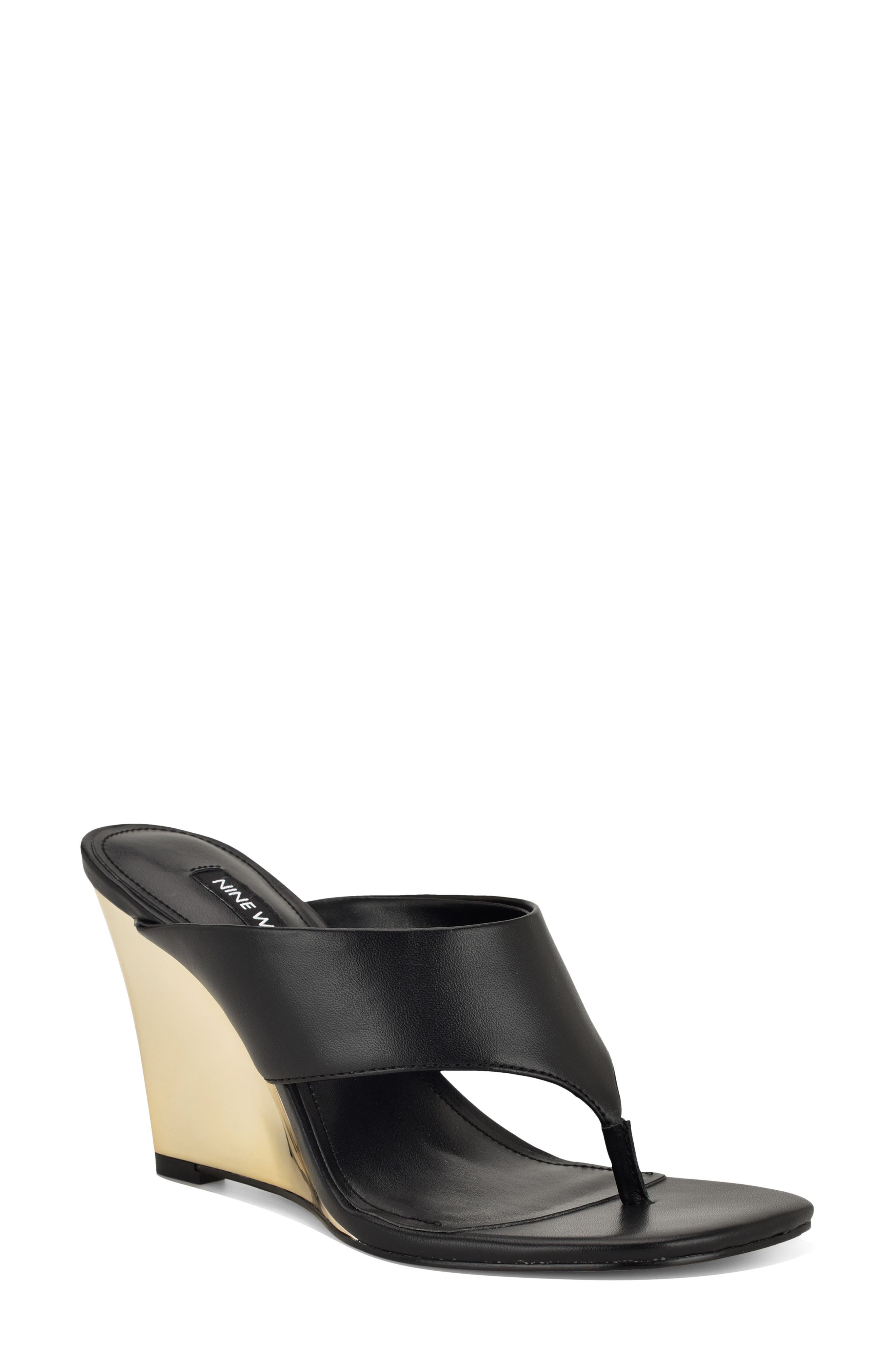 Nine West Presa Wedge Flip Flop, Main, color, Black/ Gold