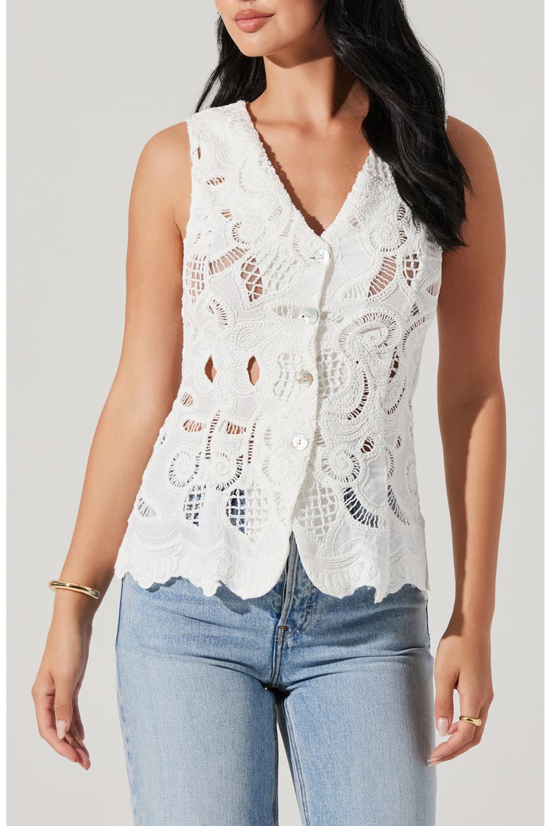 Meira Lace Inset Cotton Button-Up Vest, Main, color, WHITE
