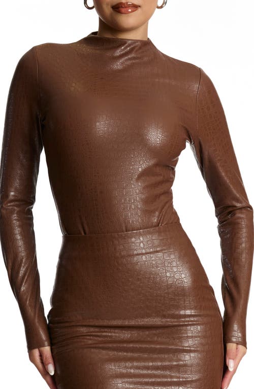 Naked Wardrobe Croc Embossed Faux Leather Bodysuit in Chocolate at Nordstrom, Size Large
