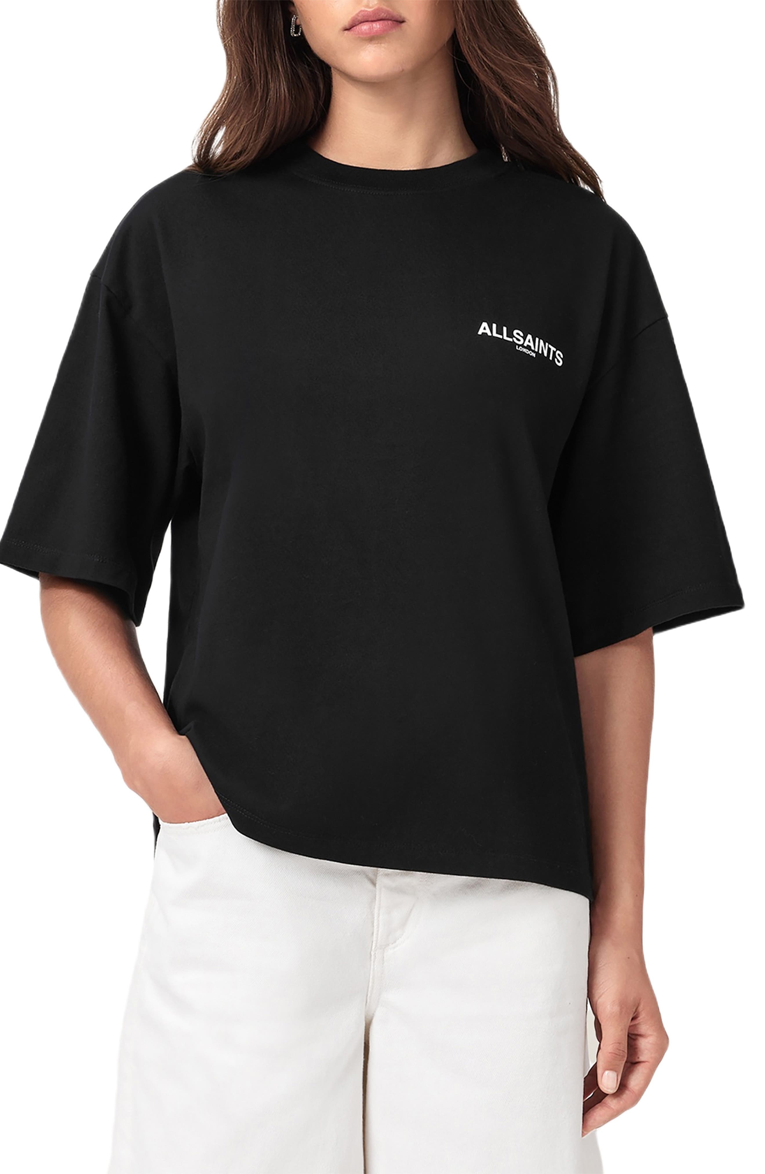 Allsaints Guardian Amelie Short Sleeve Graphic Logo T-shirt With Back Print In Multi