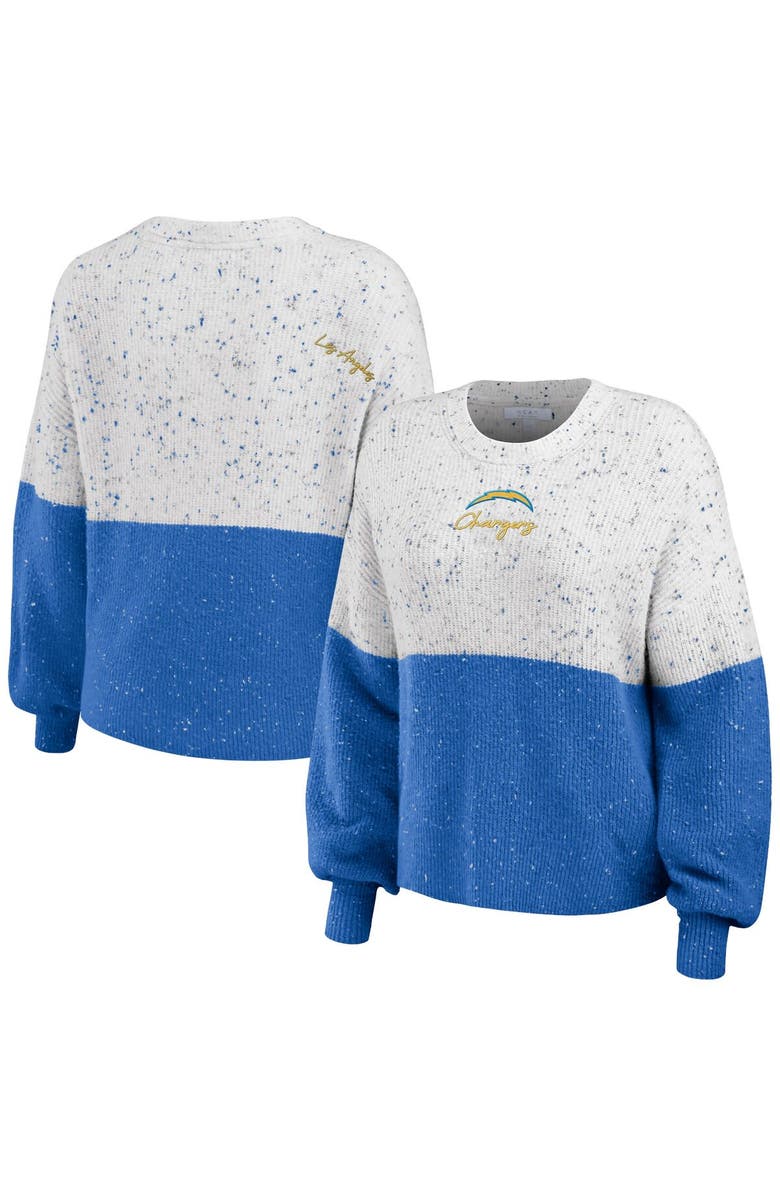 WEAR by Erin Andrews Women's WEAR by Erin Andrews  White/Powder Blue Los Angeles Chargers Lighweight Modest Crop Color-Block Pullover Sweater, Main, color, 