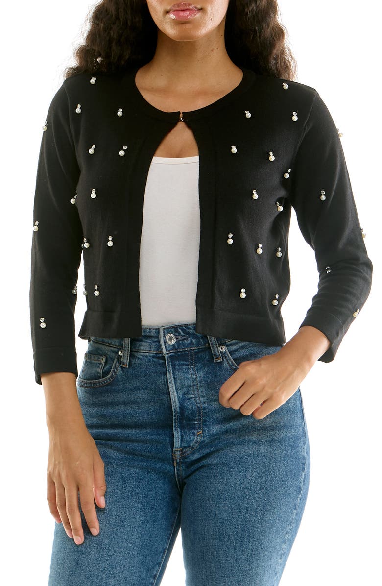 Nina Leonard Faux Pearl & Rhinestone Bolero, Main, color, Black