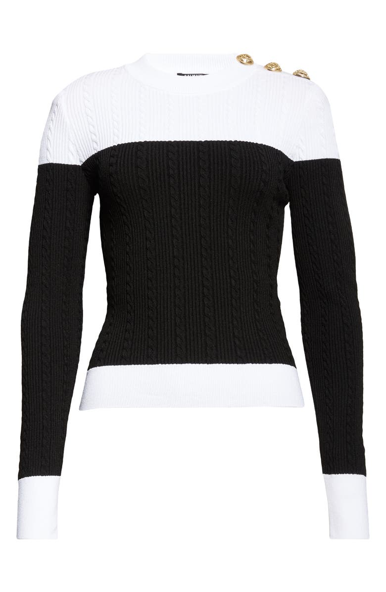 Balmain Twisted Cable Knit Sweater, Alternate, color, Black/ White