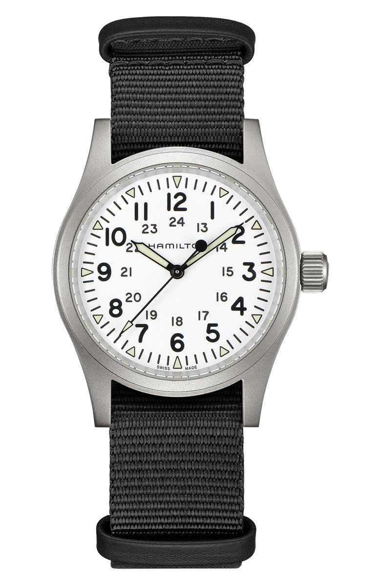 Hamilton Khaki Field Mechanical NATO Strap Watch, 38mm, Main, color, White