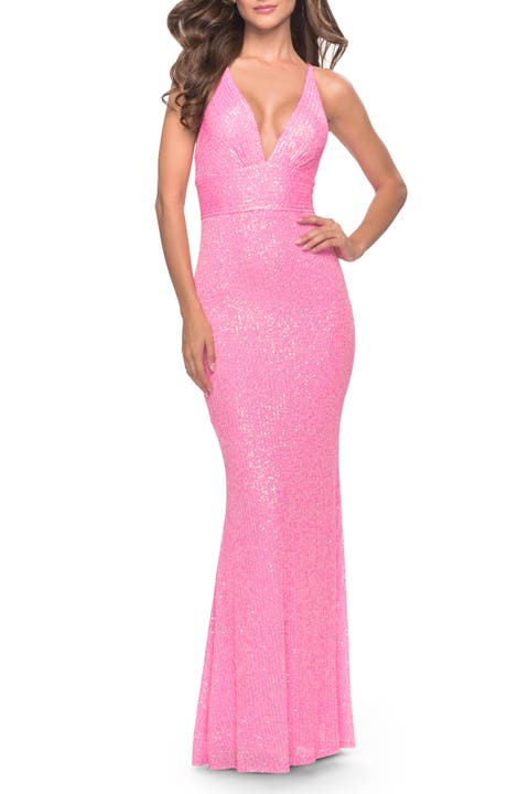 Sequin Stretch Long Prom Dress with Banded Waist in Neon