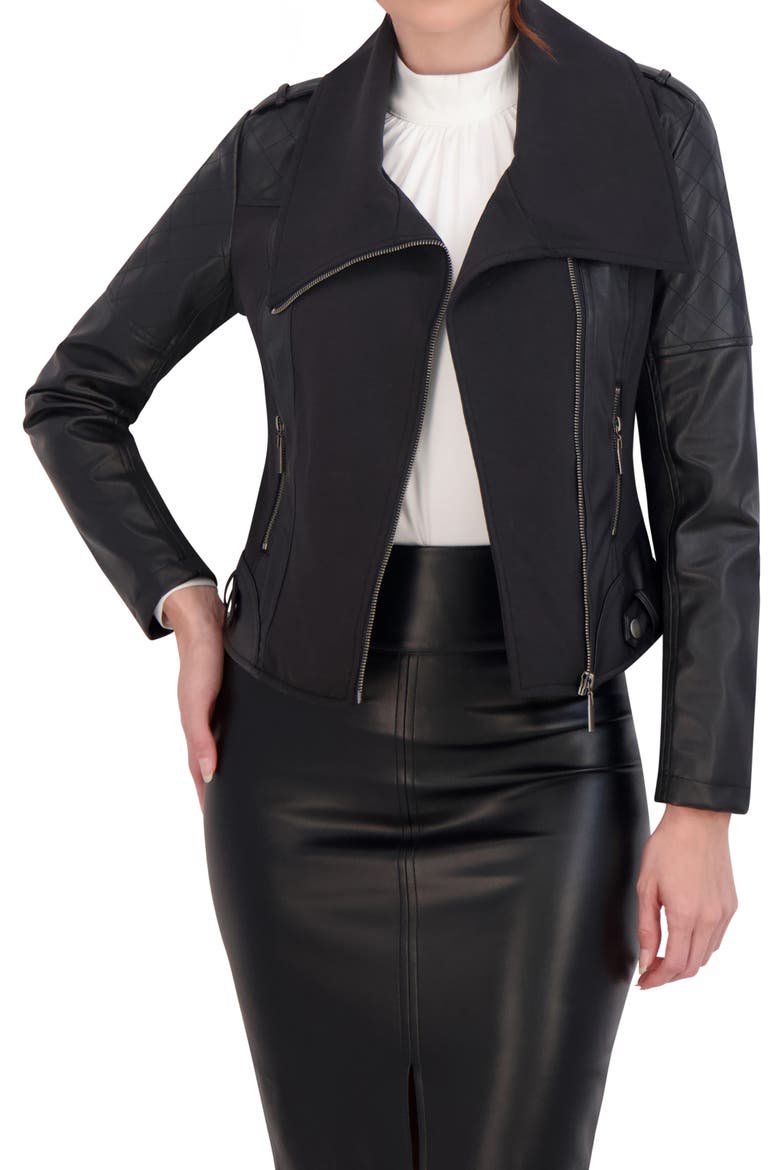 Faux Leather Mixed Media Moto Jacket, Main, color, BLACK