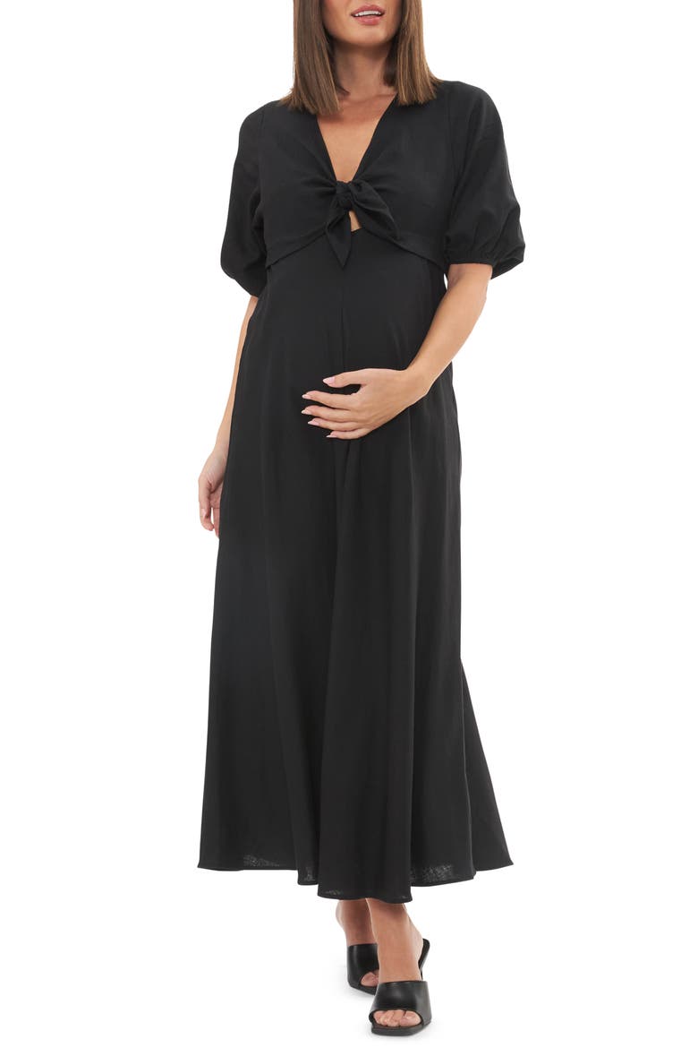 Camille Tie Front Linen Blend Maternity/Nursing Dress, Main, color, BLACK
