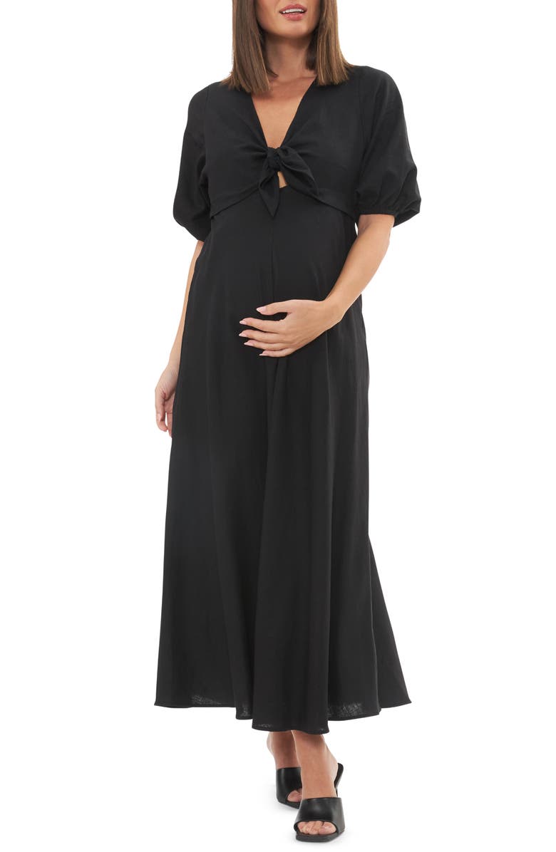 Ripe Maternity Camille Tie Front Linen Blend Maternity/Nursing Dress, Main, color, Black