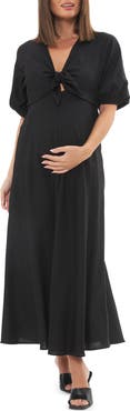 Ripe Maternity Camille Tie Front Linen Blend Maternity/Nursing Dress
