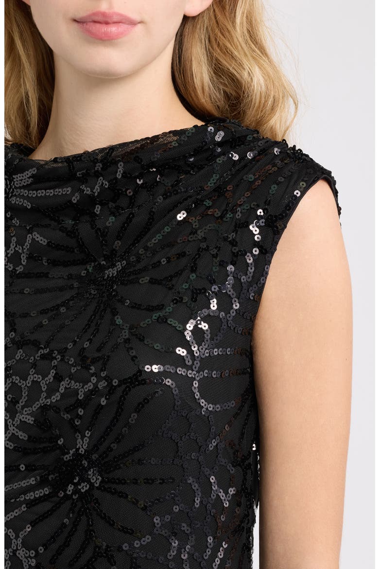 Draped Neck Sequined Midi Dress, Alternate, color, ANNE BLACK