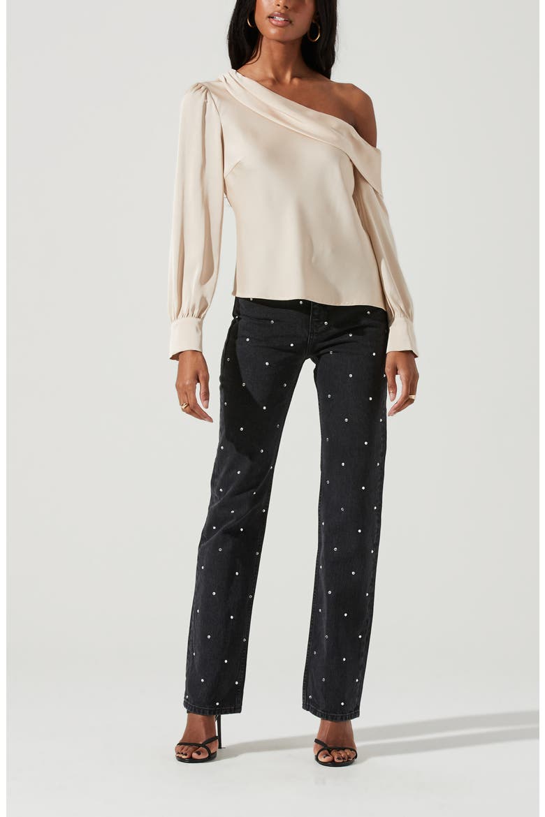 One-Shoulder Satin Long Sleeve Top, Alternate, color, CHAMPAGNE