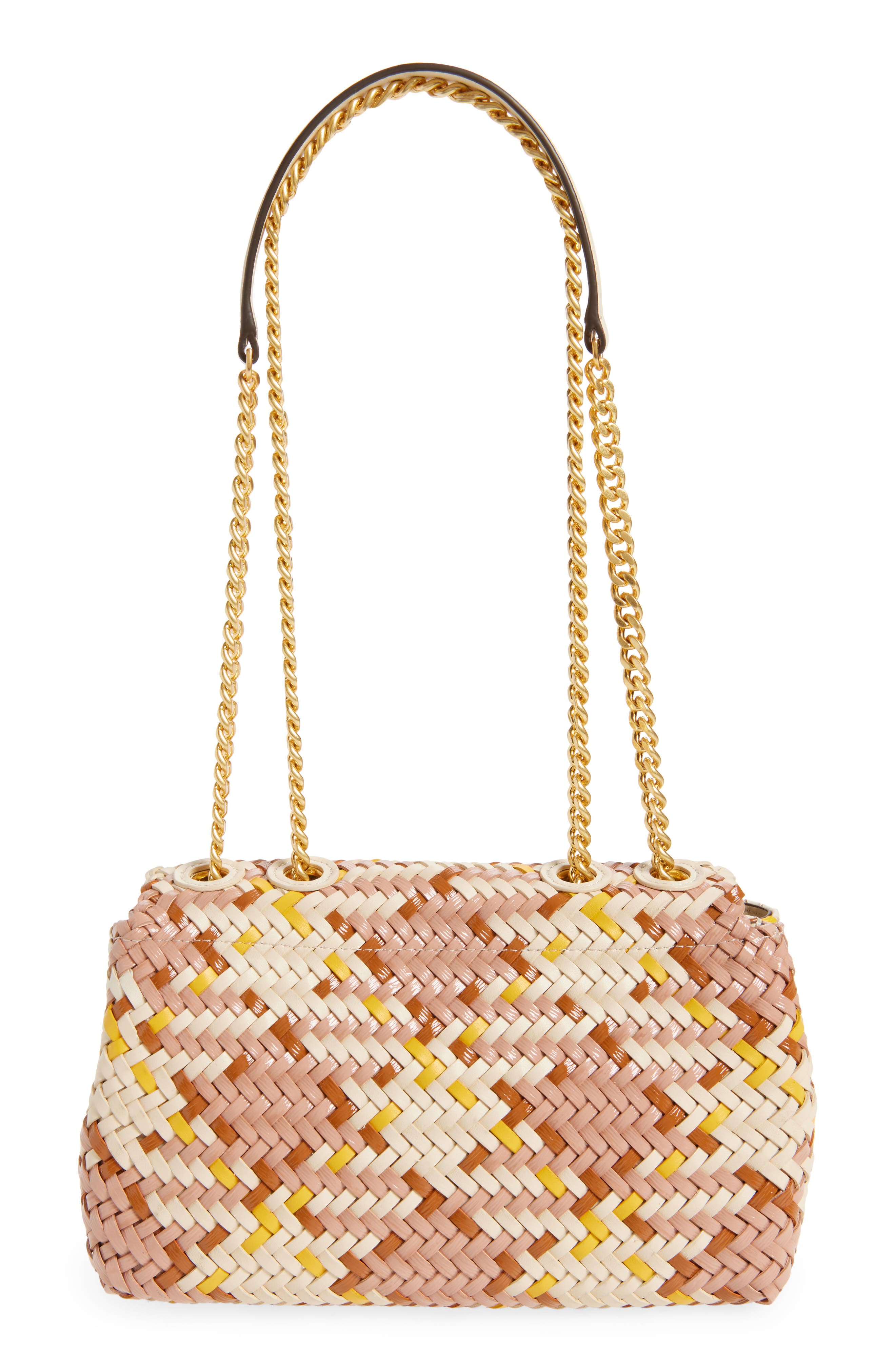 Tory Burch Small Kira Woven Leather Crossbody Bag, Alternate, color, Pink Moon/ Cream/ Goldfinch