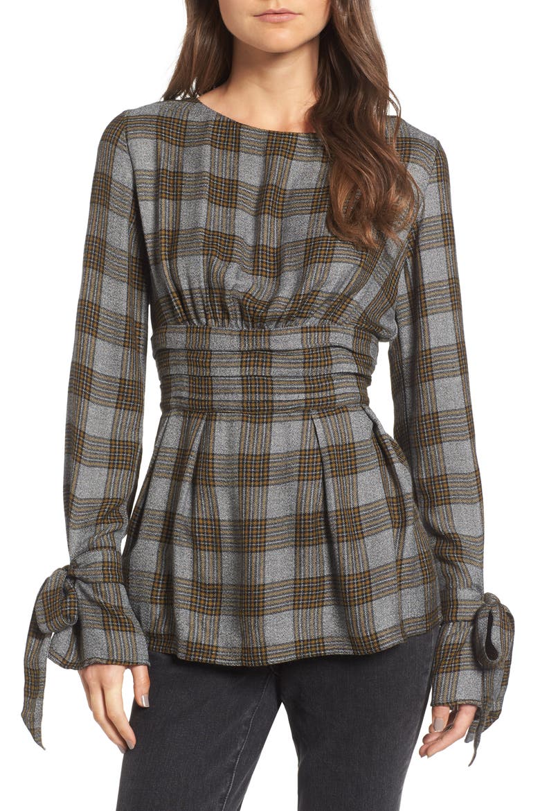 x Something Navy Tie Sleeve Top, Main, color, OLIVE BREEN CHECK