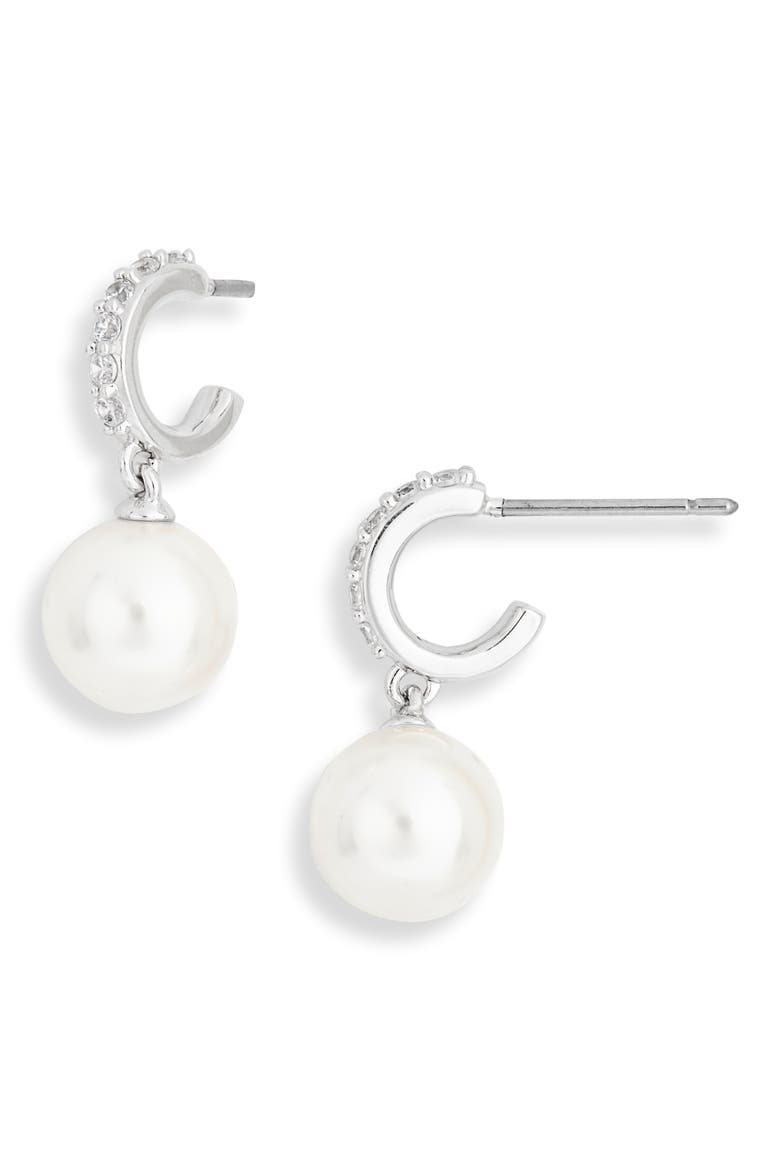 Faux Pearl Hoop Drop Earrings, Main, color, RHODIUM