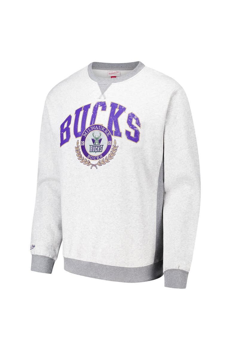 Men's Mitchell & Ness Heather Gray Milwaukee Bucks  Vintage Logo Pullover Sweatshirt, Alternate, color, Heather Gray