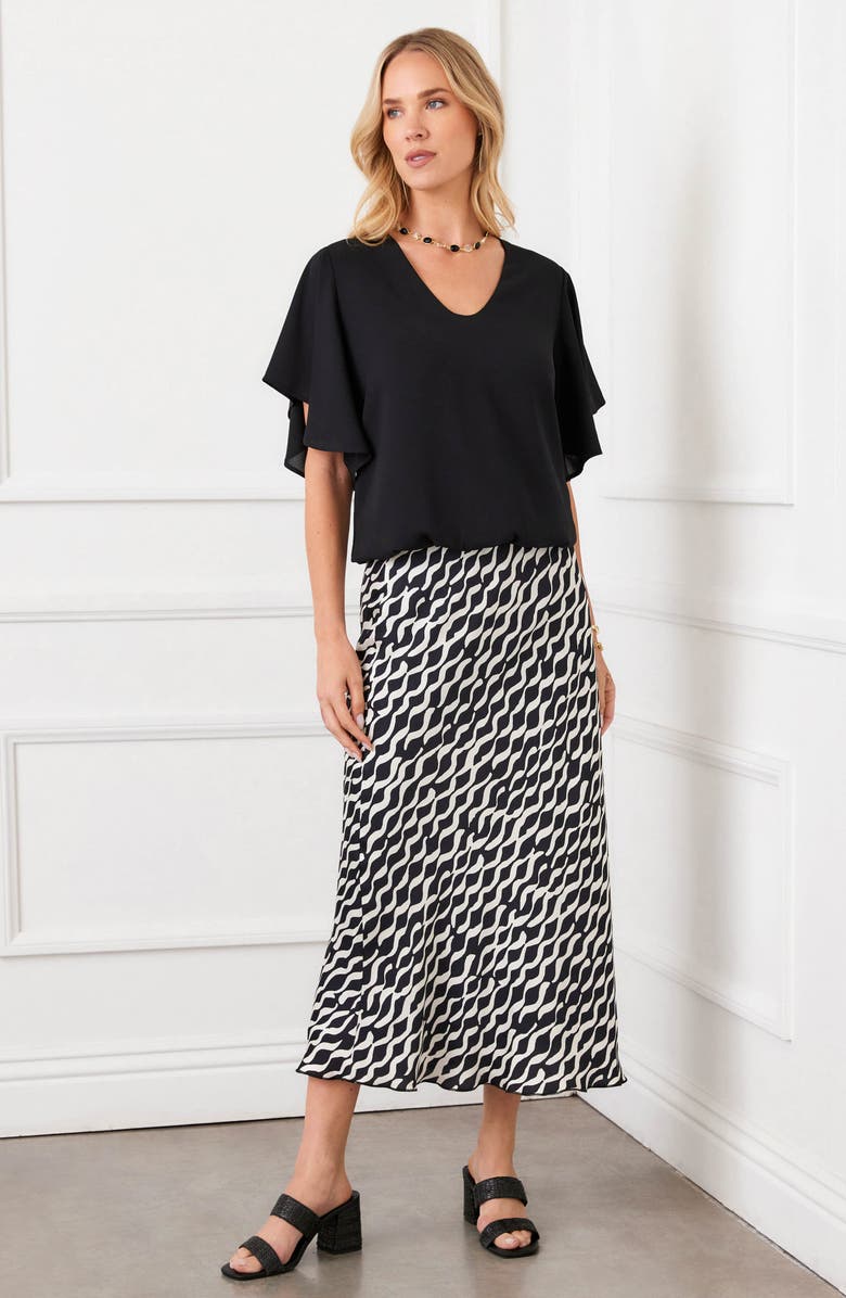 Karen Kane Abstract Print Satin Bias Cut Midi Skirt, Alternate, color, Black/ White Print