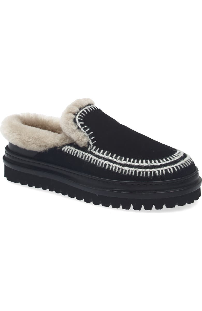 laidback london Jun 4.0 Genuine Shearling Lined Slipper, Main, color, Black Suede / Light Grey