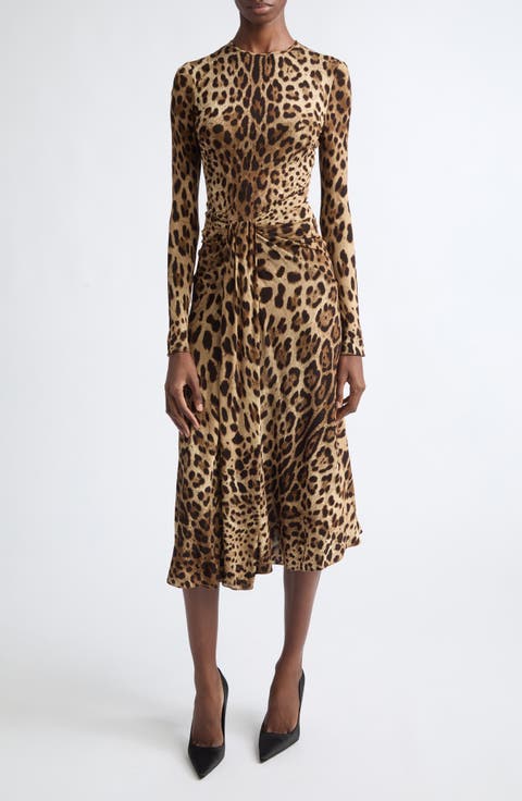 Leopard Print Long Sleeve Midi Dress