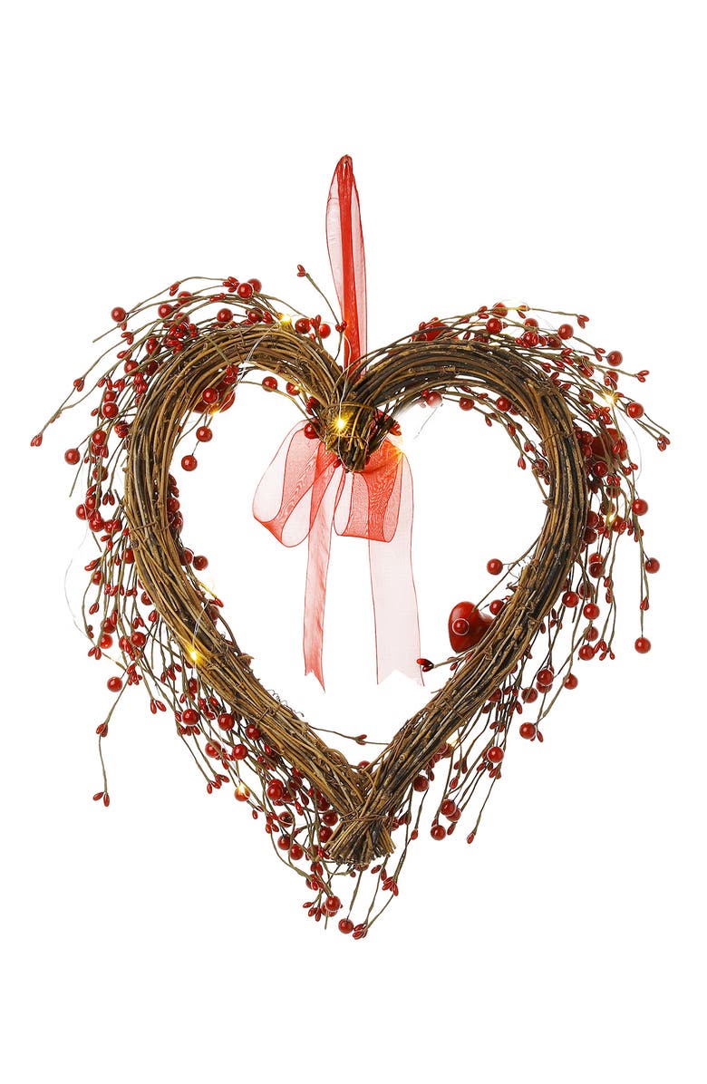 Glitzhome 17"H Lighted Valentine's Berry Heart Wreath, Alternate, color, Red