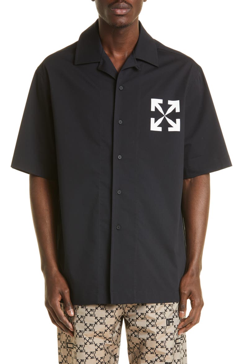 Single Arrow Short Sleeve Cotton Blend Button-Up Shirt, Main, color, BLACK WHITE