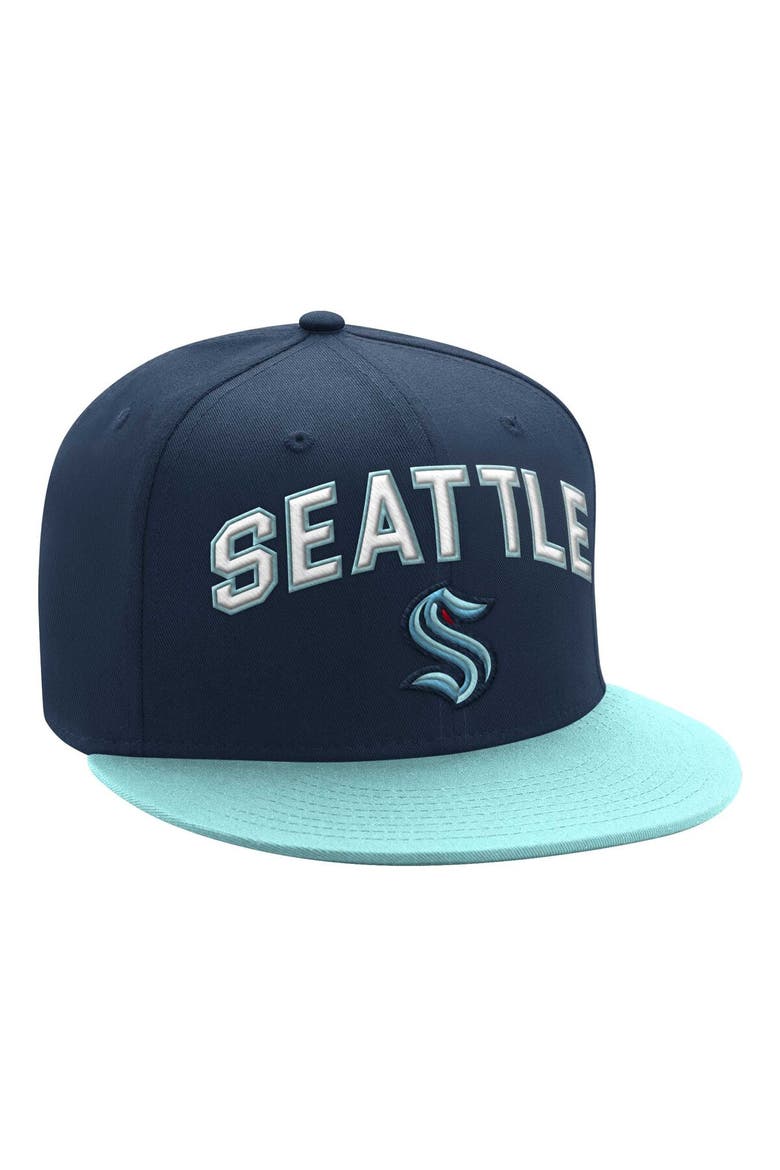 Men's Starter Deep Sea Blue/Light Blue Seattle Kraken Arch Logo Two-Tone Snapback Hat, Main, color, Navy