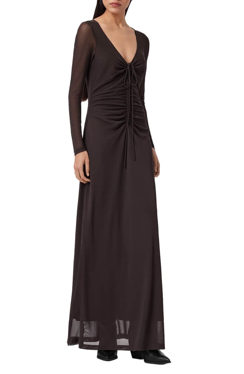 AllSaints Gabby Long Sleeve Mesh Maxi Dress, Alternate, color, Bottle Brown