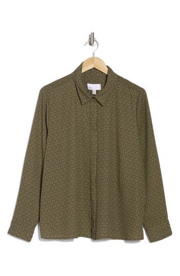 Nordstrom Rack Long Sleeve Crepe Button-up Shirt In Olive C- Black Arrow Geo