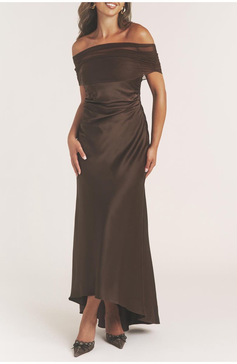 Six Stories Bardot Detail Satin Midaxi Dress, Alternate, color, 