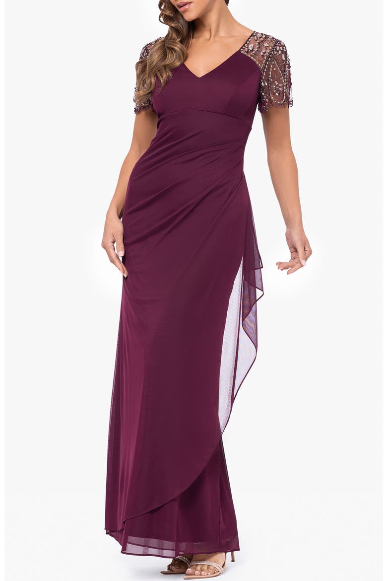Xscape Beaded Sleeve Ruched Column Gown, Alternate, color, WINE/ ANTIQUE