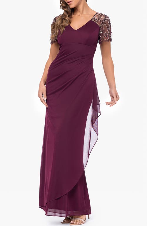 Xscape Evenings Xscape Beaded Sleeve Ruched Column Gown In Purple
