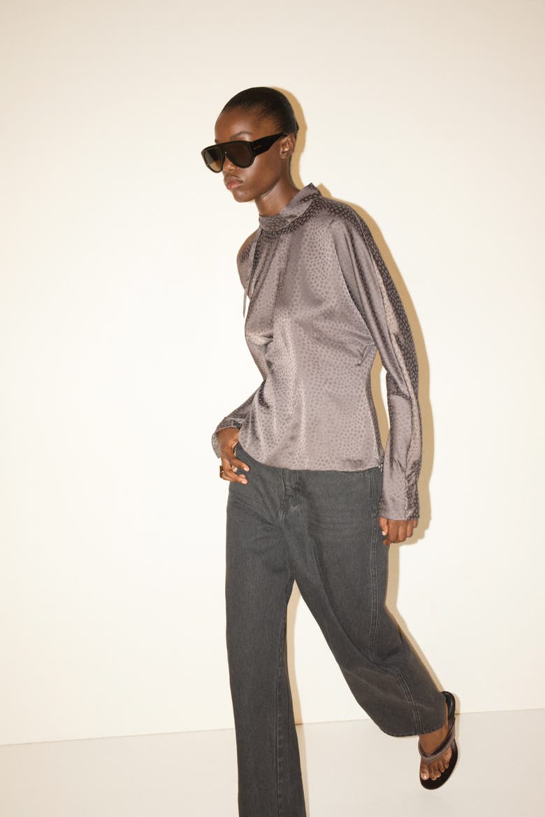 Jacquard-weave Bow-collar Blouse, Alternate, color, Dark taupe/dotted