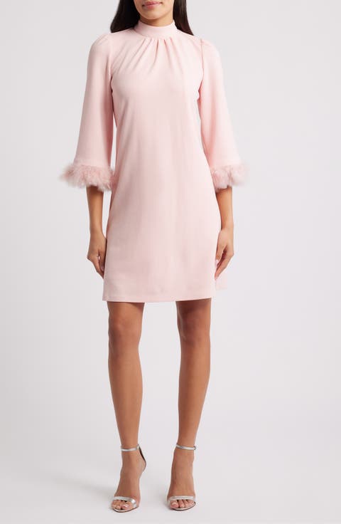 Feather Trim Sheath Dress (Petite)