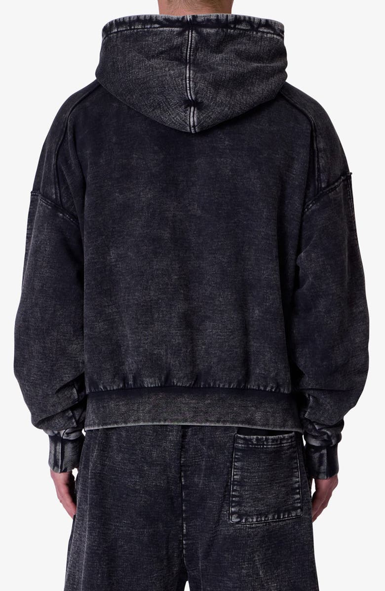 mnml Frayed Seam Acid Wash Cotton Fleece Hoodie, Alternate, color, Black