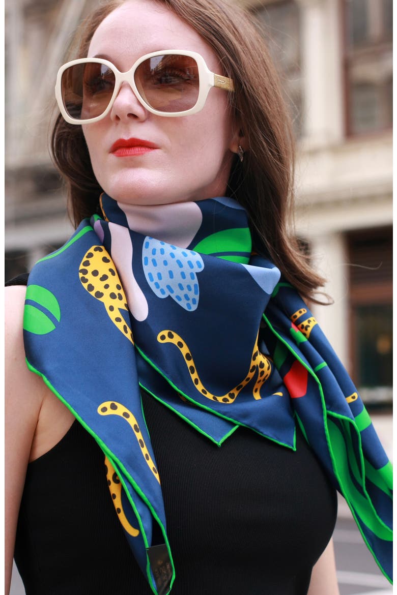 Double Sided Silk Scarf Of Jungle Night, Alternate, color, Blue